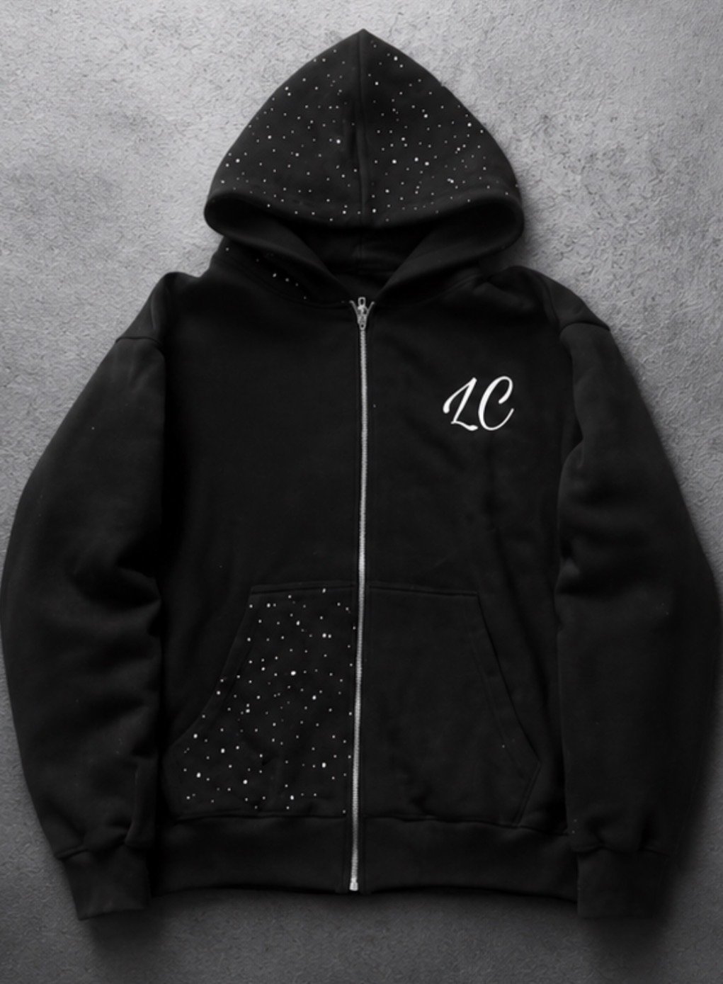 Premium Black Rhinestone "Lost Cause" Distressed Zip-Up Hoodie front