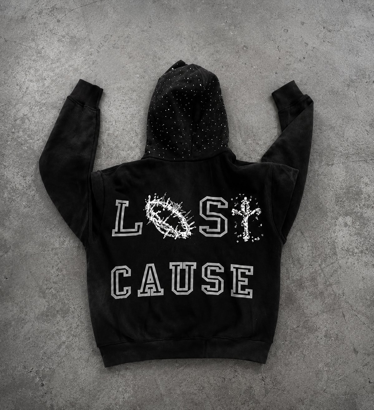 Premium Black Rhinestone "Lost Cause" Distressed Zip-Up Hoodie back